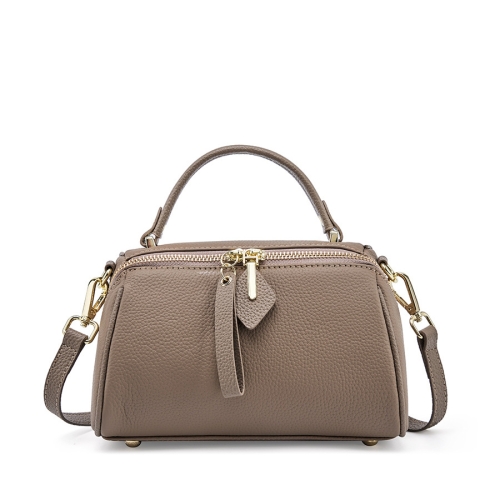 Grey Litchi Grain Leather Boston Bag Top Handle Crossbody Handbags