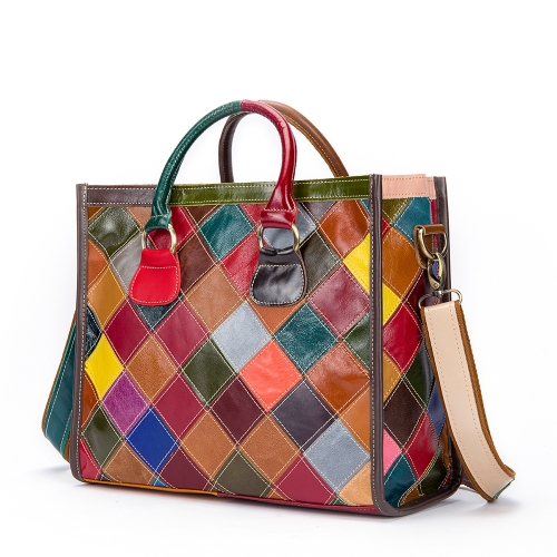 Multicolor Vintage Leather Tote Satchel Bag Color Block Crossbody Purses