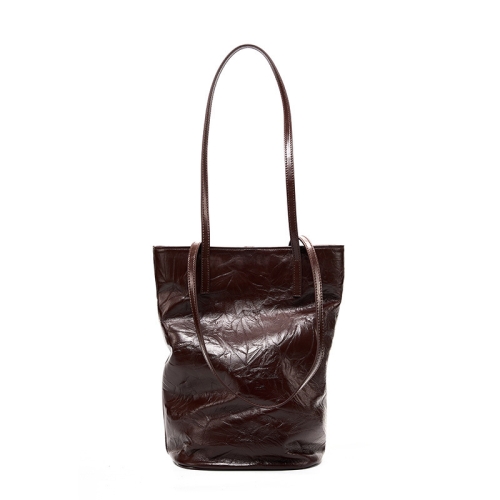 Coffee Oil Leather Plisse Bucket Bag Shouler Handbags For Work