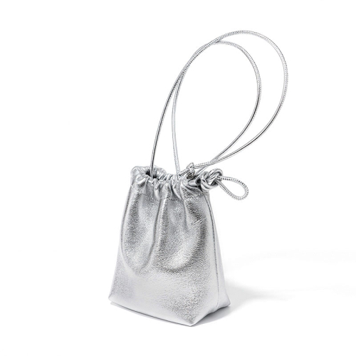 Silver Soft Leather Drawstring Bucket Handbags Small Crossbody Bags