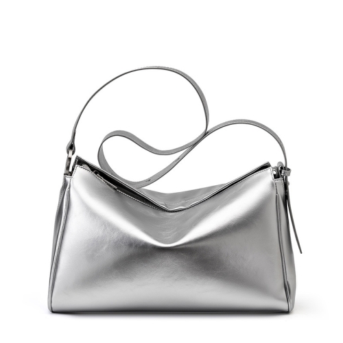 Silver Metallic Soft Leather Zip Totes Wide Strap Crossbody Handbags