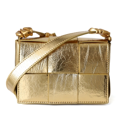 Golden Metallic Woven Leather Small Handbags Crossbody Flap Square Purse