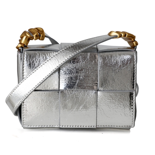 Silver Metallic Woven Leather Small Handbags Crossbody Flap Square Purse