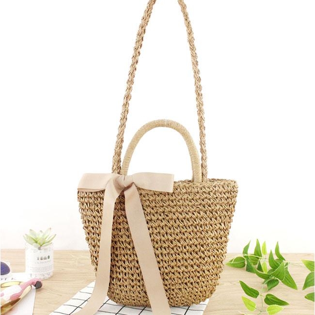 Grey and Black Beach Tote Woven Summer Handbag for Travelling
