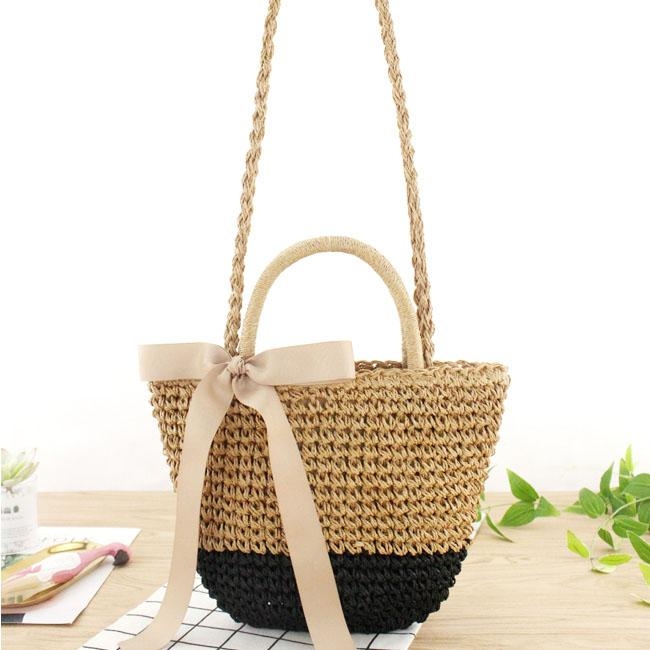 Grey and Black Beach Tote Woven Summer Handbag for Travelling