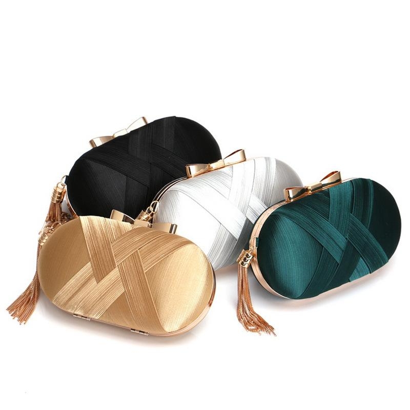 Silver Silk Box Clutch Luxury Bowknot Evening Bags with Gold Tassel