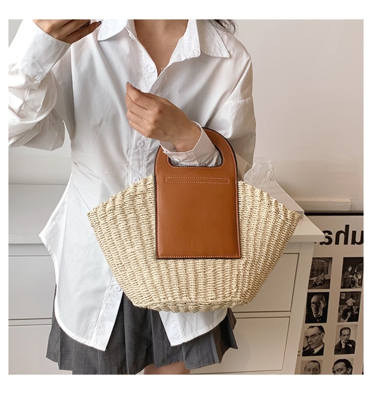 2022 Leather Handle Summer Shell Shape Straw Beach Tote Bags