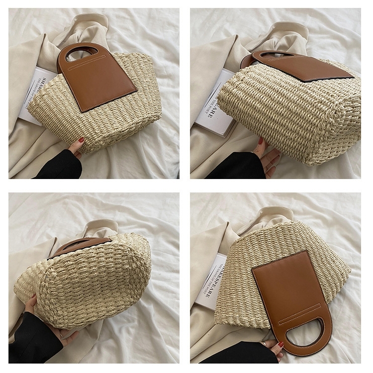 2022 Leather Handle Summer Shell Shape Straw Beach Tote Bags