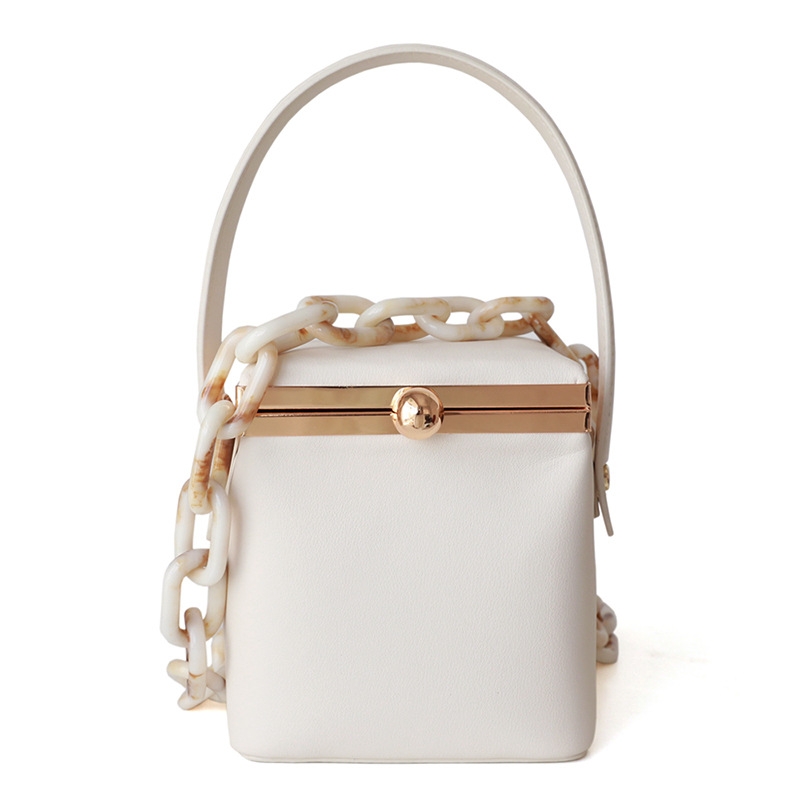 White Mini Leather Box Bags With Acrylic Chain Strap