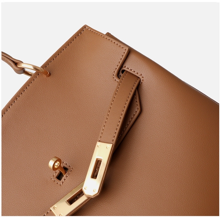 Apricot Leather Belt Lock Design Office Handbags