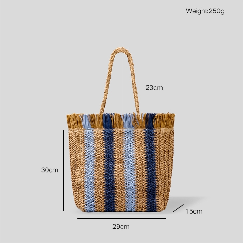 2022 Summer Brown Stripe Bohemia Fringe Woven Straw Tote Bags