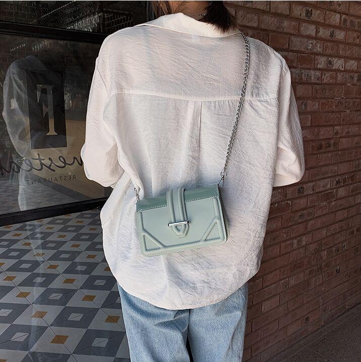 Green Buckle Flap Square Shoulder Bags with Strap Chain