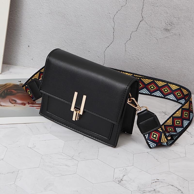 Black Vegan Leather Flap Crossbody Purse with Embroidery Strap