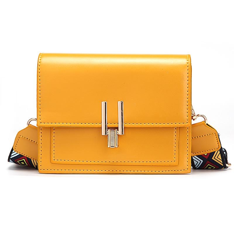 Yellow Vegan Leather Flap Crossbody Purse with Embroidery Strap