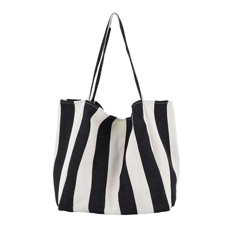 Stripe Large Beach Shopper Bag Canvas Shoulder Bags Black | Baginning