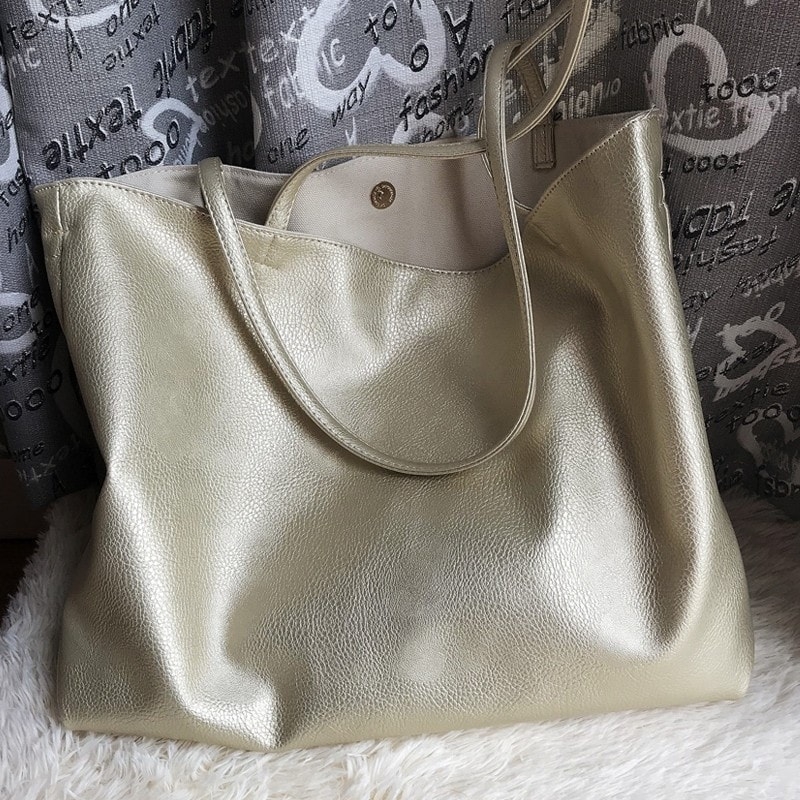 Grey Soft Faux-Leather Tote Metallic Luster Large Shopper Bags