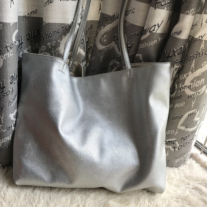 Sliver Soft Faux-Leather Tote Metallic Luster Large Shopper Bags