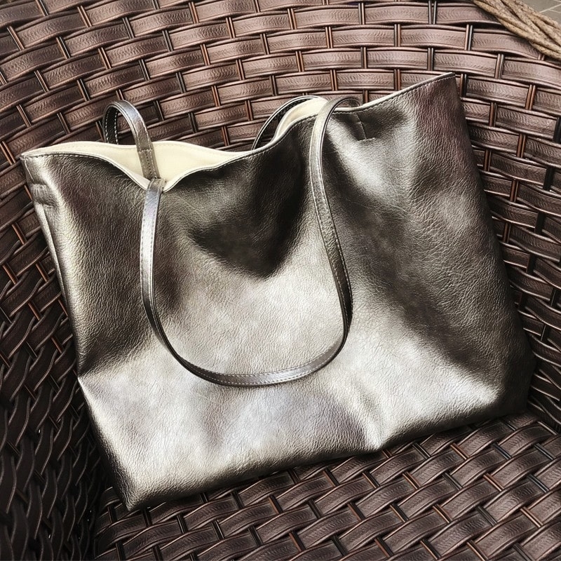 Brown Soft Faux-Leather Tote Metallic Luster Large Shopper Bags