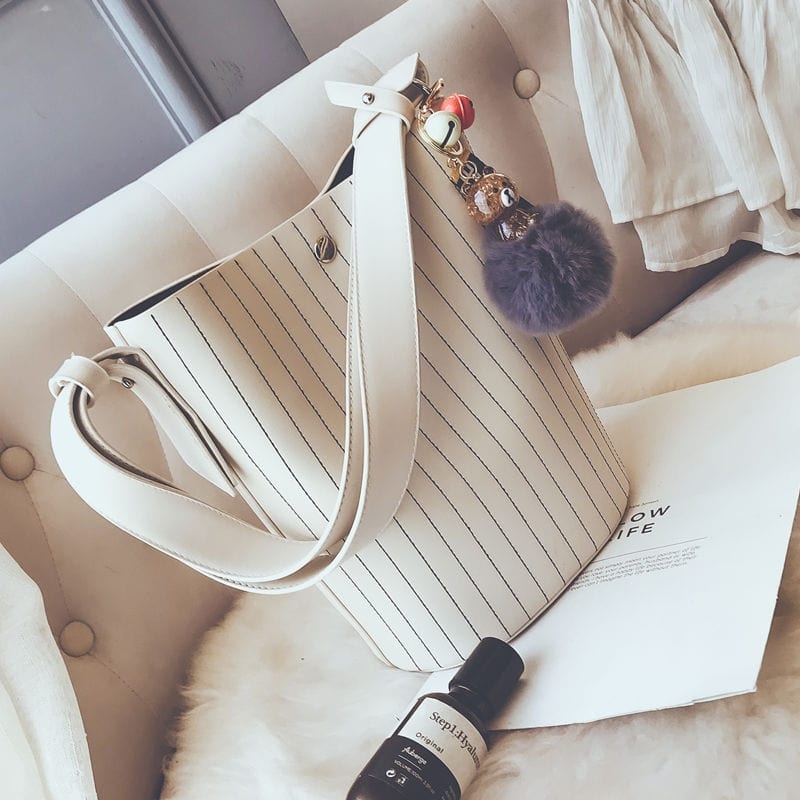 White Stylish Shoulder Bucket Bag with Pom Pom Charm