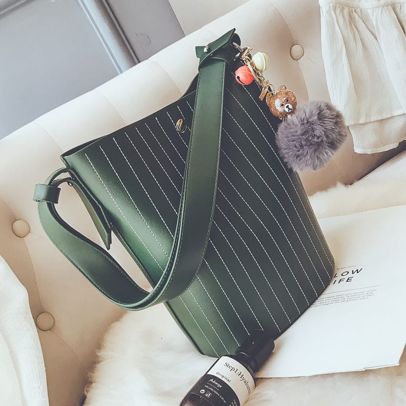 Green Stylish Shoulder Bucket Bag with Pom Pom Charm