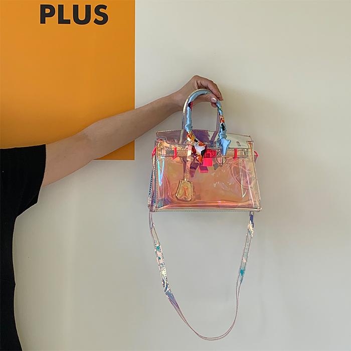 Hot Pink Lock Holographic PVC Satchel Handbags Shoulder Clear Purse