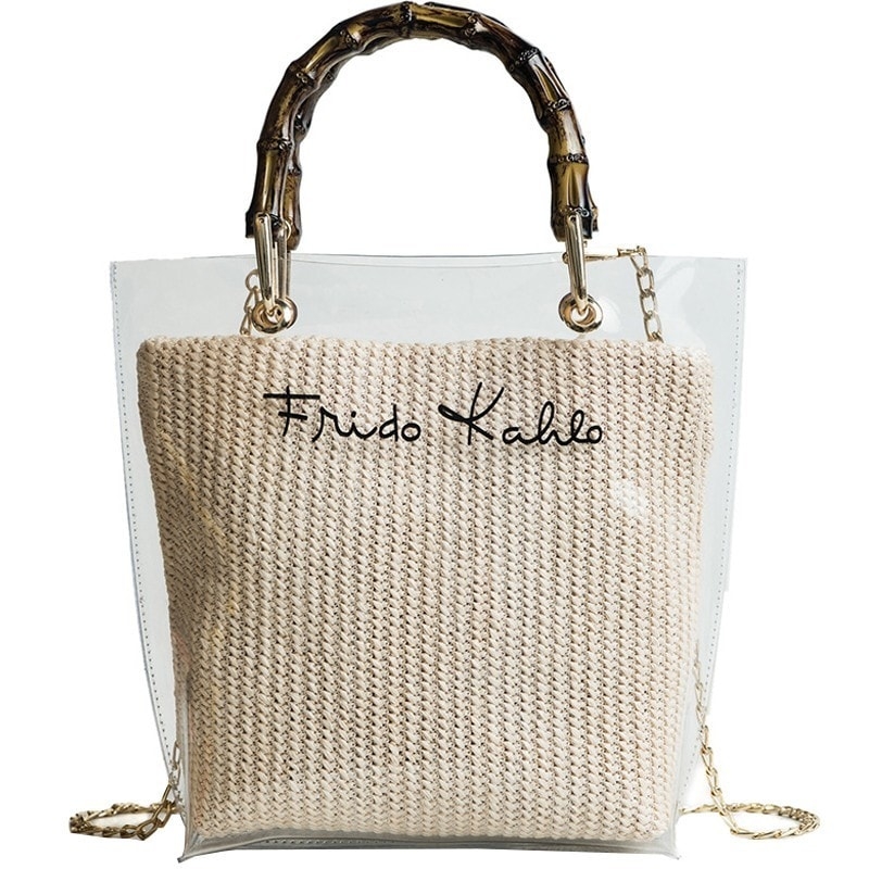 Bamboo Handle Clear Bag with Beige Woven Straw Inner Pouch 