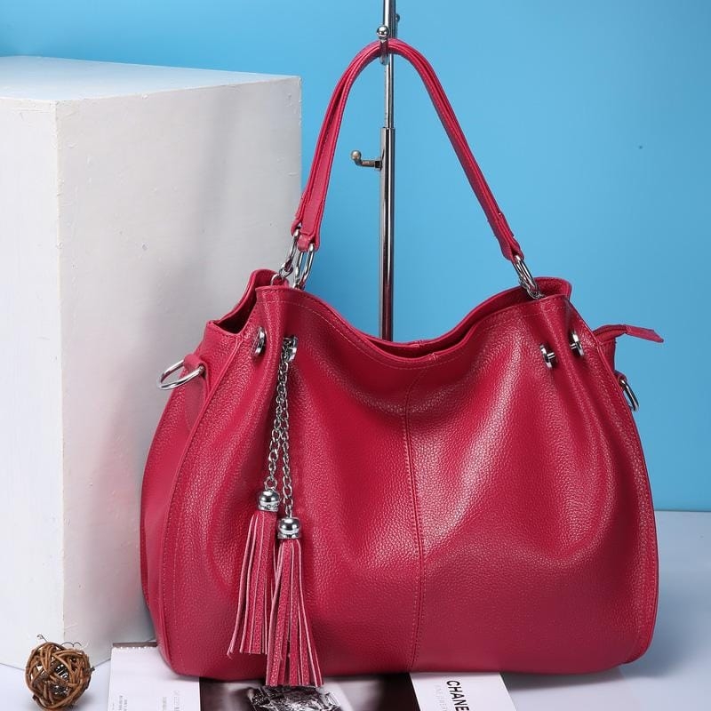 Hot Pink Purse with Tassel Genuine Leather Handbags 