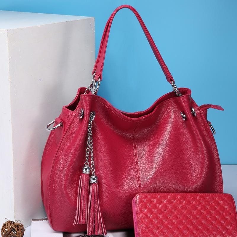 Hot Pink Purse with Tassel Genuine Leather Handbags 
