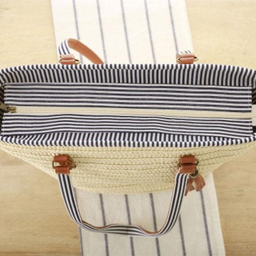 Khaki Tassel Zipper Travel Straw Tote Shoulder Bags for Beach