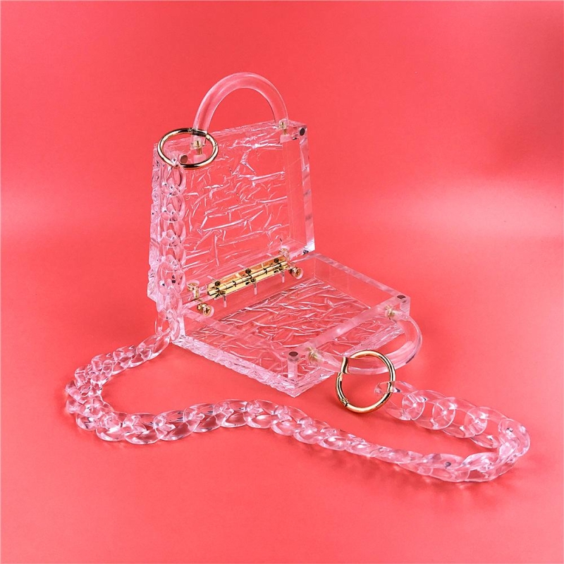 Acrylic Clear Crushed Ice Box Clutch Bag With Transparent Chain