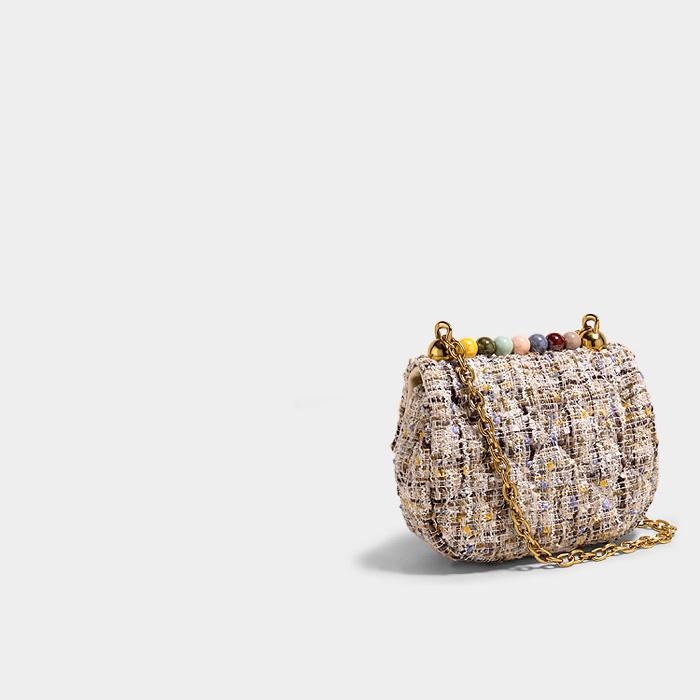 Apricot Tweed Crossbody Purses Mini Coin Chain Bags