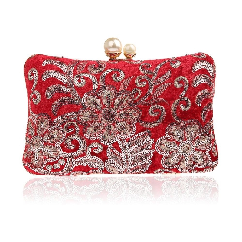 Red Velvet Vintage Sequined Flowers Clutch Bags