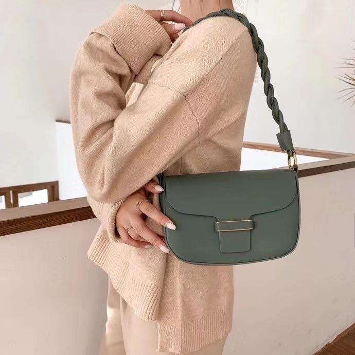Green Vintage Genuine Leather Flap Crossbody Bag with Braided Strap