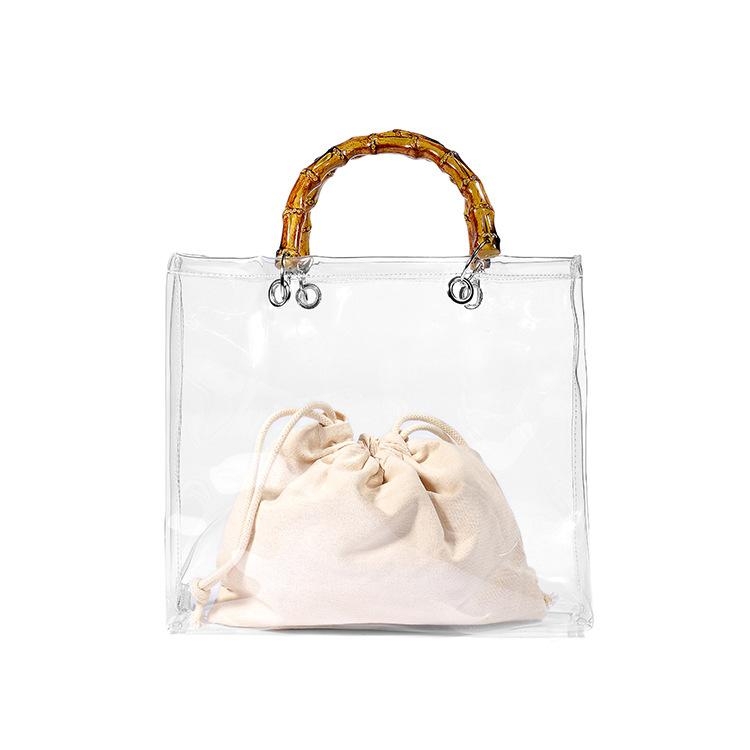 Bamboo Handle Clear Purse Handbags with Colorful Pouch