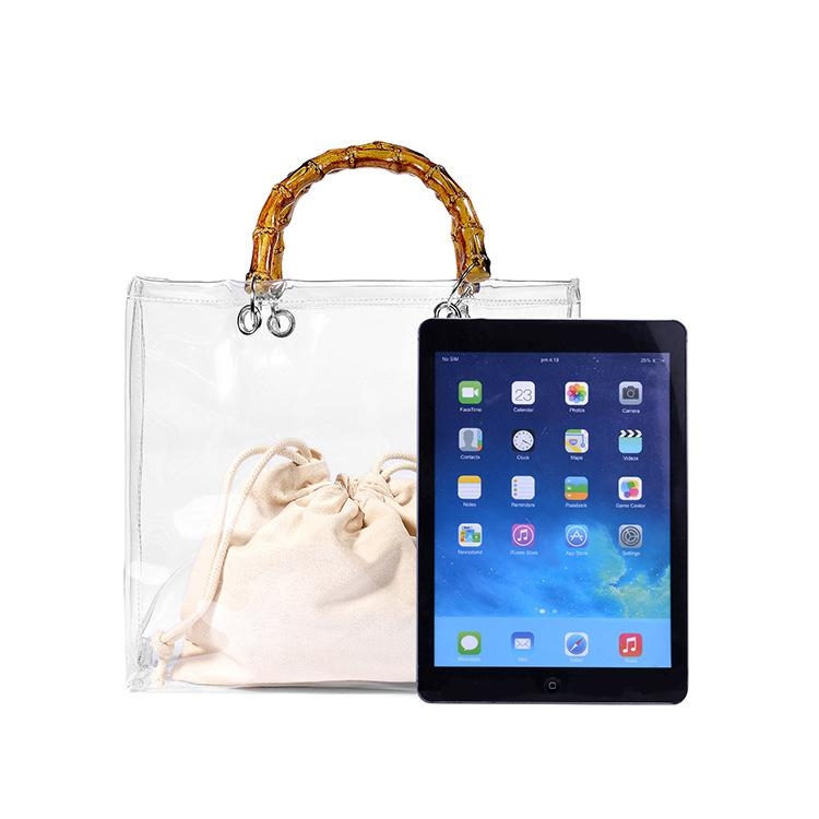 Bamboo Handle Clear Purse Handbags with Colorful Pouch
