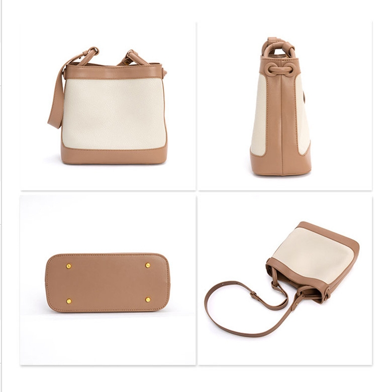 Beige-brown Leather Shoulder Bucket Bags Round Buckle Design