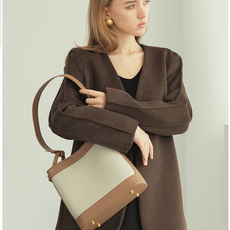 Brown-coffee Leather Shoulder Bucket Bags Round Buckle Design