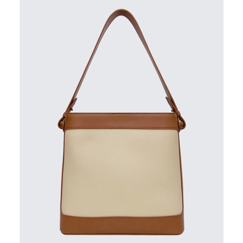 Beige-brown Leather Shoulder Bucket Bags Round Buckle Design