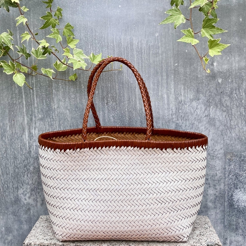 Beige and Brown Cow Leather Woven Tote Handbags