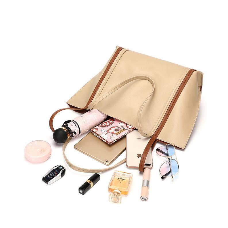 Beige&Brown Leather Handle Tote Bag Office Shoulder Bags with Pocket