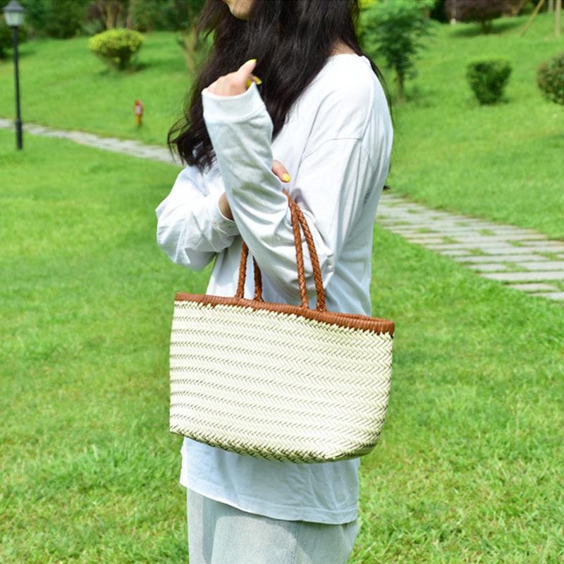 Beige and Brown Cow Leather Woven Tote Handbags