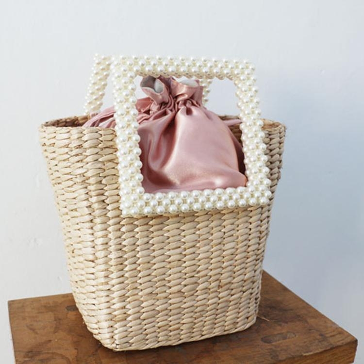 Beige Straw Woven Basket Bag Pearl Top Handle Beach Purse Handbag 