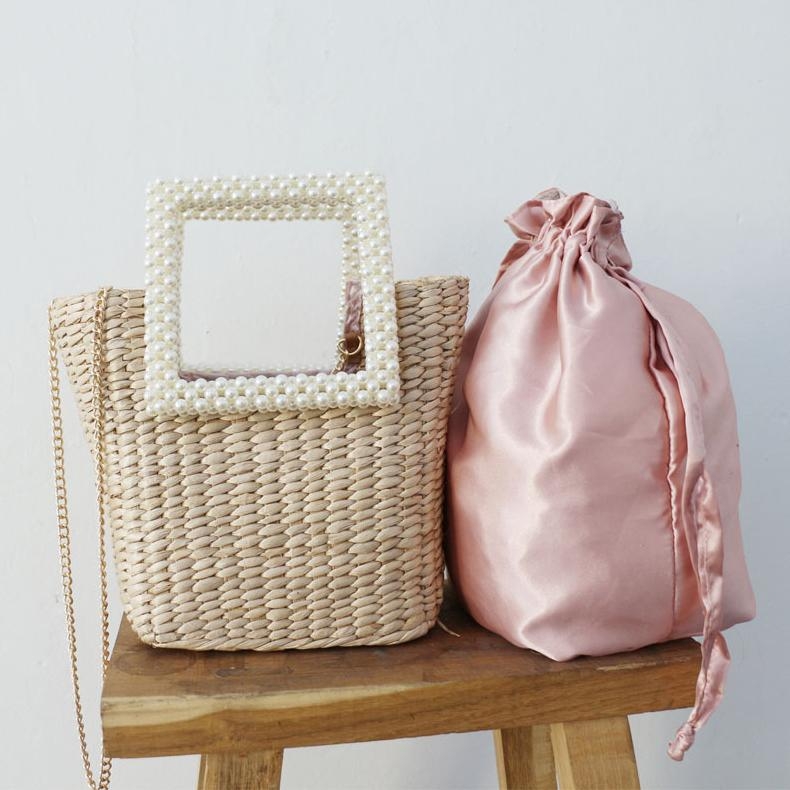 Beige Straw Woven Basket Bag Pearl Top Handle Beach Purse Handbag 