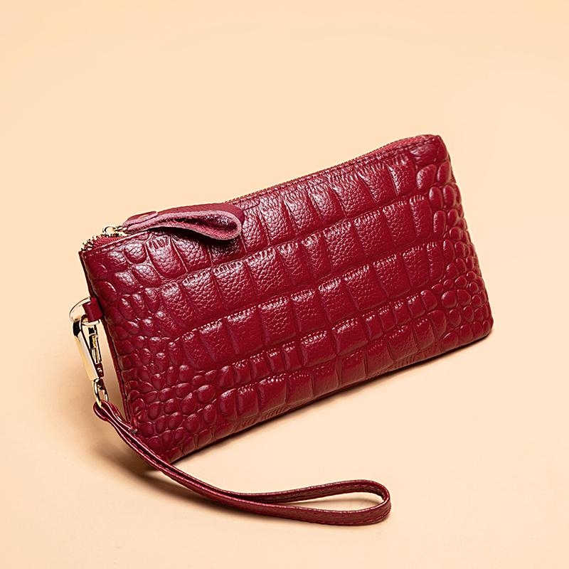 Red Croc Embossement Leather Zipper Wallet for Women