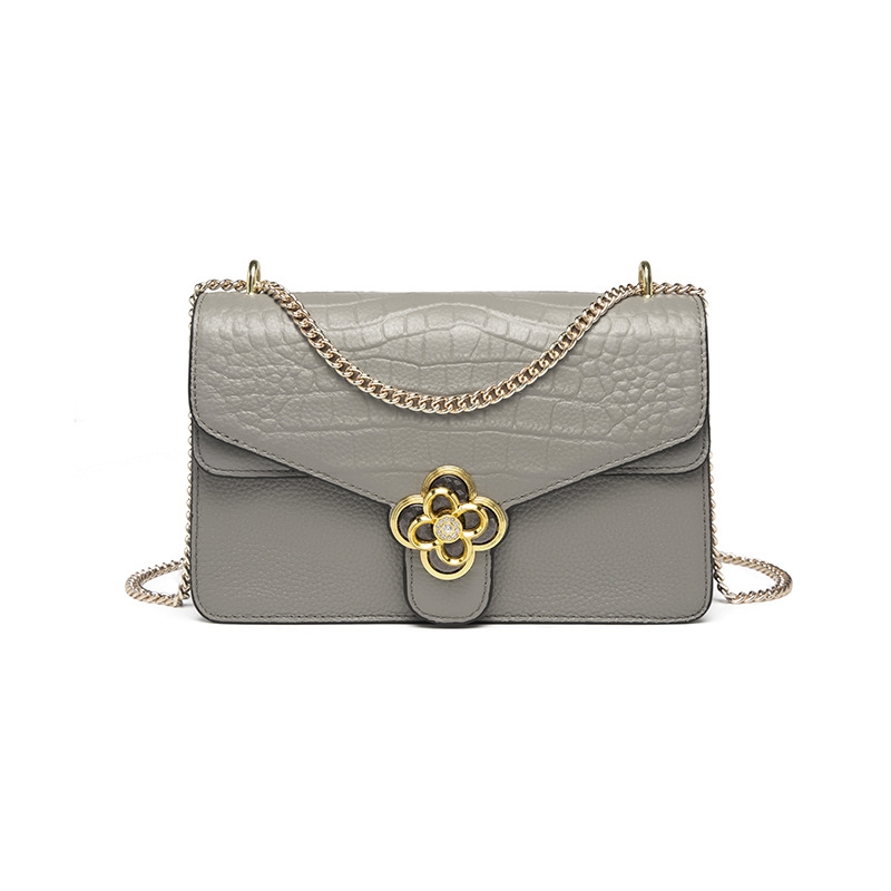 Grey Croc Printed Leather Flap Square Chain Shoulder Bags
