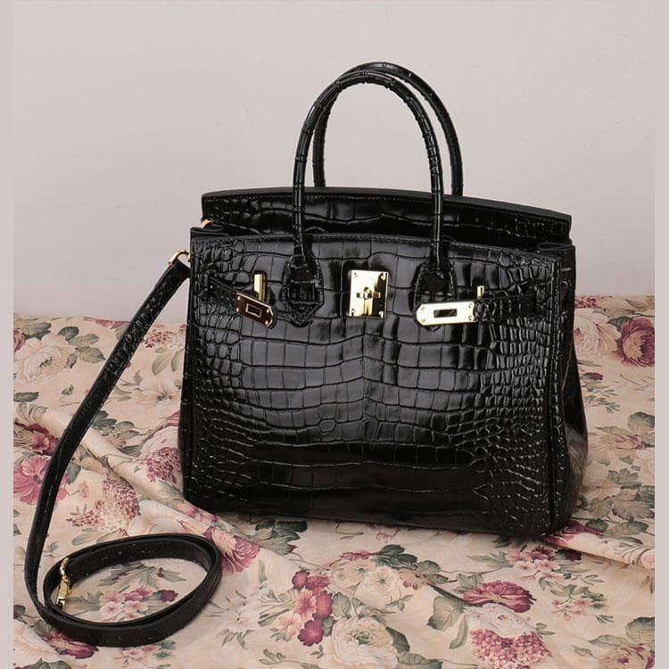 Small Size Black Croc Effect Leather Handbags Metal Lock Satchel Bags