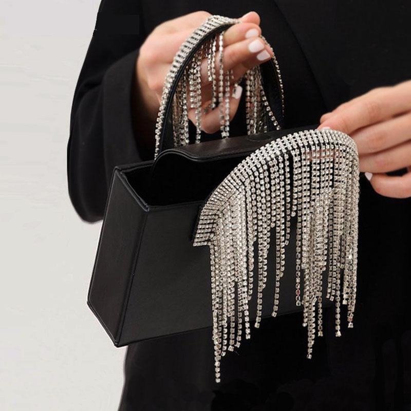 Black Crystal Fringe Evening Clutch Purse Top Handle Bag