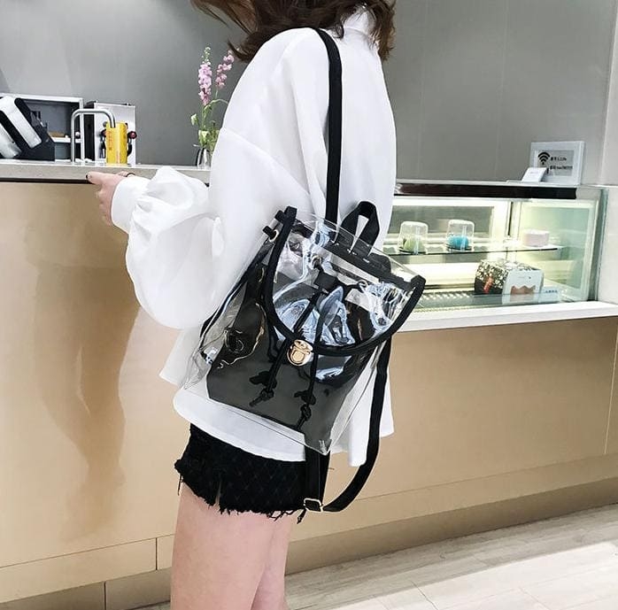 Black Flap PVC Clear Backpacks Cute Transparent Bags with Inner Pouch 