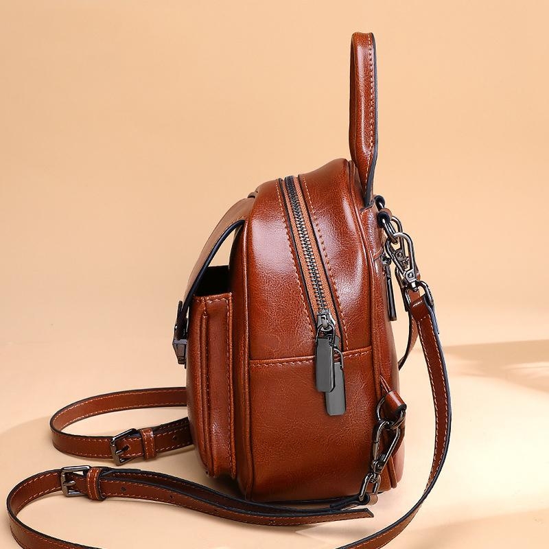Brown Flap Top Handle Leather Mini Backpack Zip Purse for Women