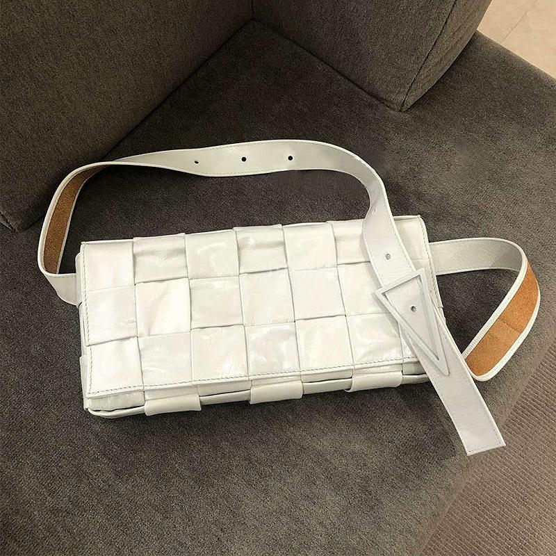 White Flap Woven Leather Womens Crossbody Fanny Pack